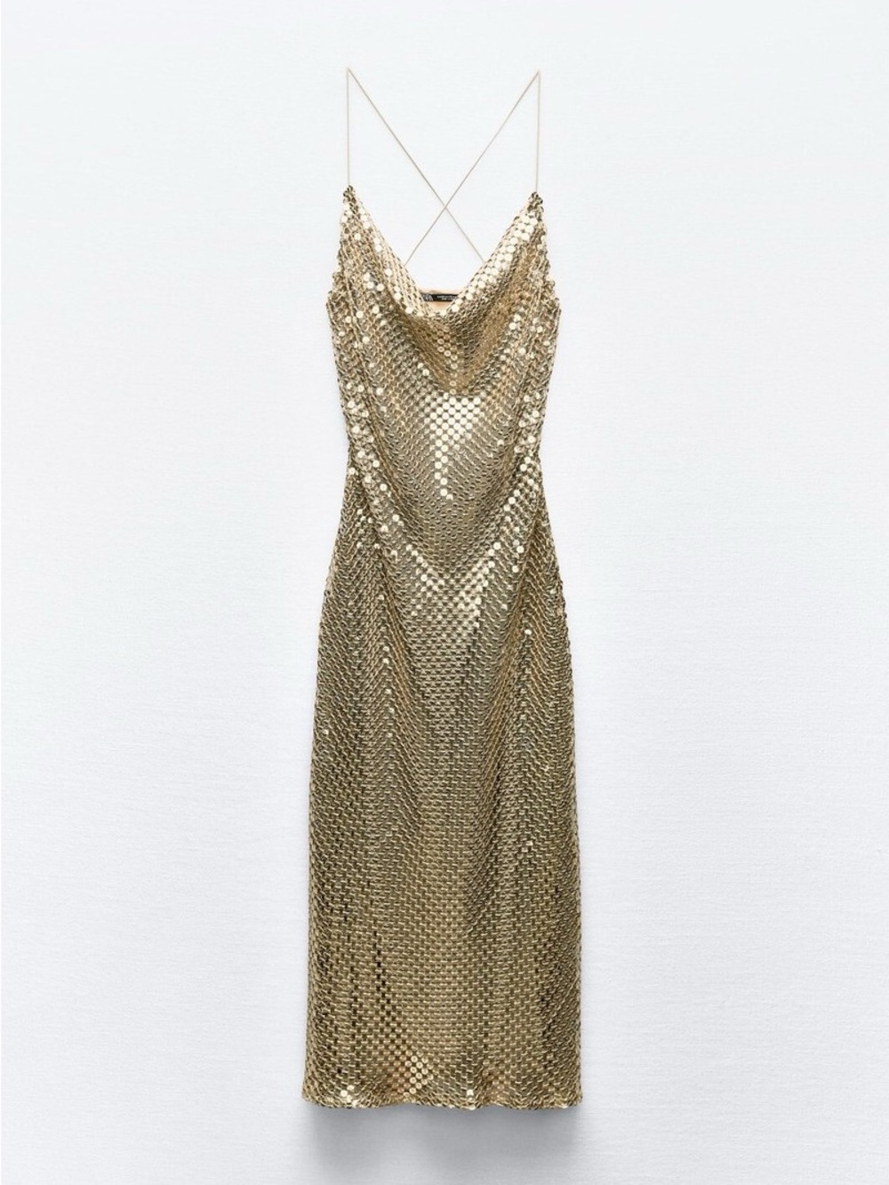 Zara Gold Metallic Chainmail Slip Dress with Spaghetti Straps